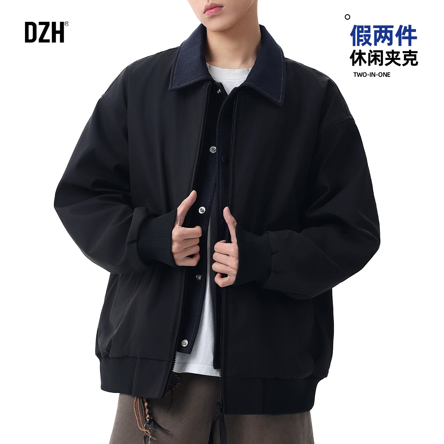 男士假两件工装休闲美式外套男款2026新款春季飞行夹克男大码男装