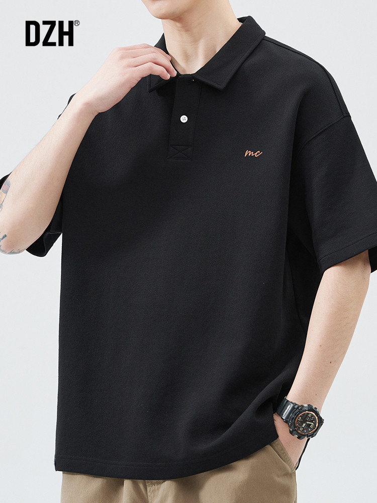 男士黑色polo衫男短袖夏季宽松半袖2025新款美式上衣翻领美式t恤