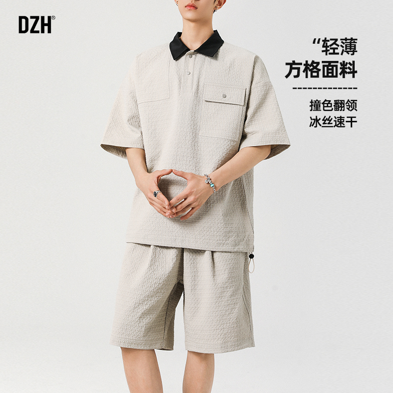 青少年2025超火夏装套装男翻领polo衫冰丝短袖短裤薄款五分裤男装