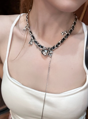 2025新款欧美个性编织爱心吊坠小熊金属链皮质项链复古风锁骨链