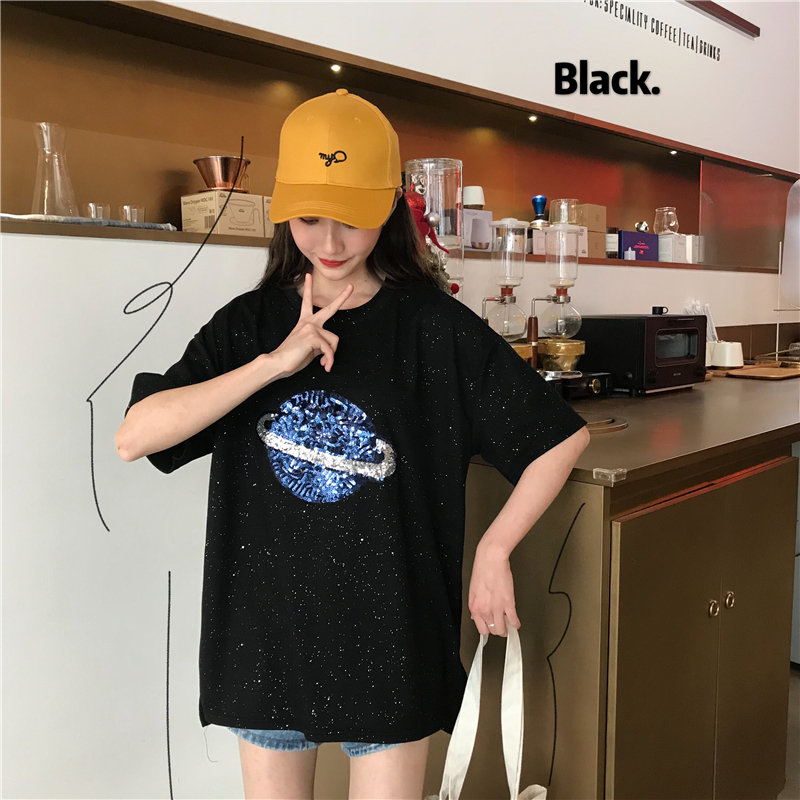 Real price T-shirt short sleeve Korean loose Sequin thickened half sleeve fashion