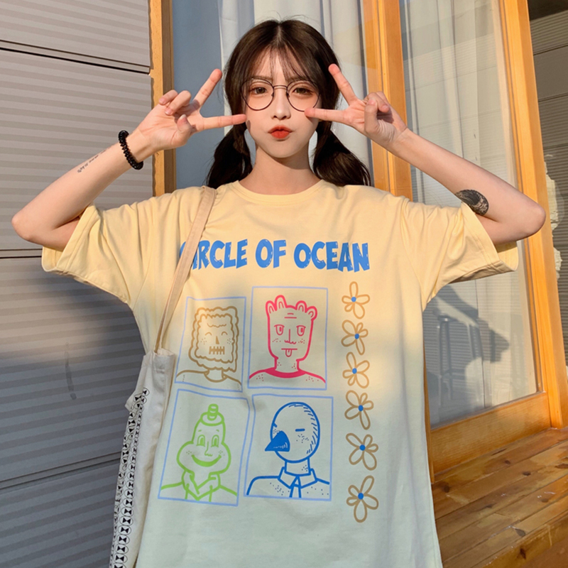 Real price cartoon doll Beige short sleeve loose half sleeve lovers cute T-shirt