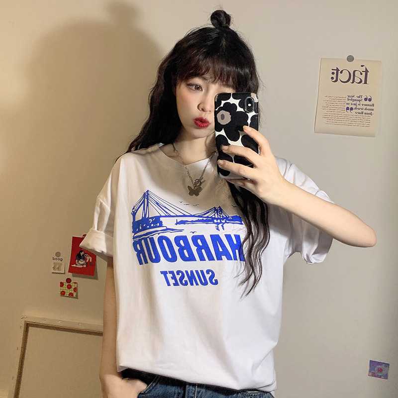 Real shot Harajuku style short sleeve T-shirt women's summer loose top of 2021