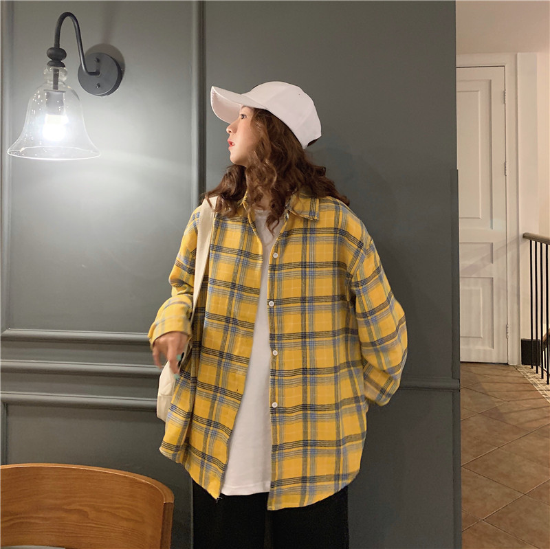 Real shot Cotton autumn summer new Plaid Shirt women's Korean version loose medium long Lapel shirt long sleeve coat