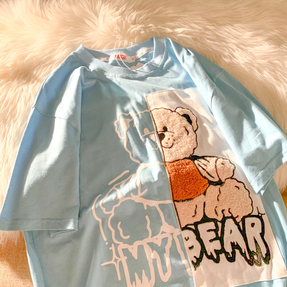 Foam printed bear short sleeve men's and women's Korean loose and versatile T-shirt