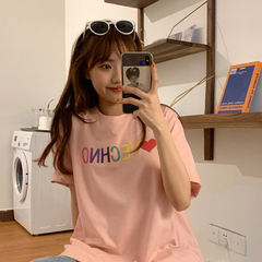 實拍  180克牛奶絲超火ins潮短袖T恤女新款寬鬆港味上衣