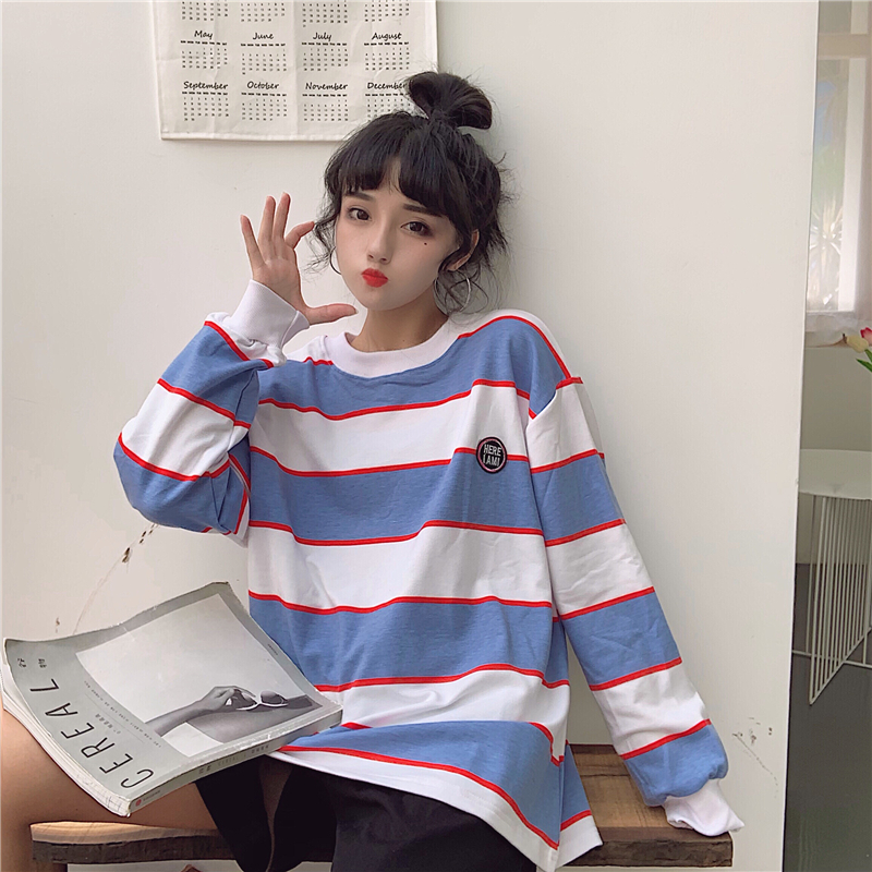 Real price Fishscale retro round neck stripe long sleeve men's and women's loose sweater