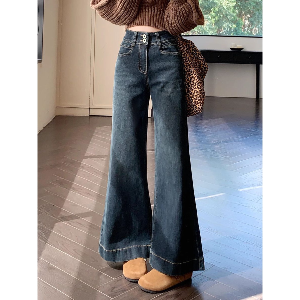 遮胯复古xs深蓝色牛仔裤女小个子秋季梨型身材粗腿宽胯裤子喇叭裤