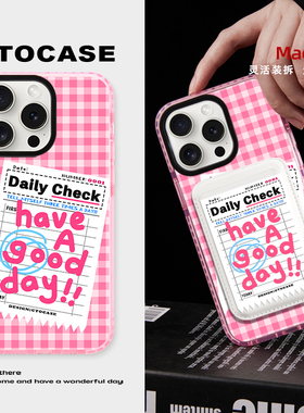 原创【标签格纹开心】磁吸卡包手机壳适用苹果17Air保护套PLUS16ProMax防摔15涂鸦iphone14创意magsafe新卡套