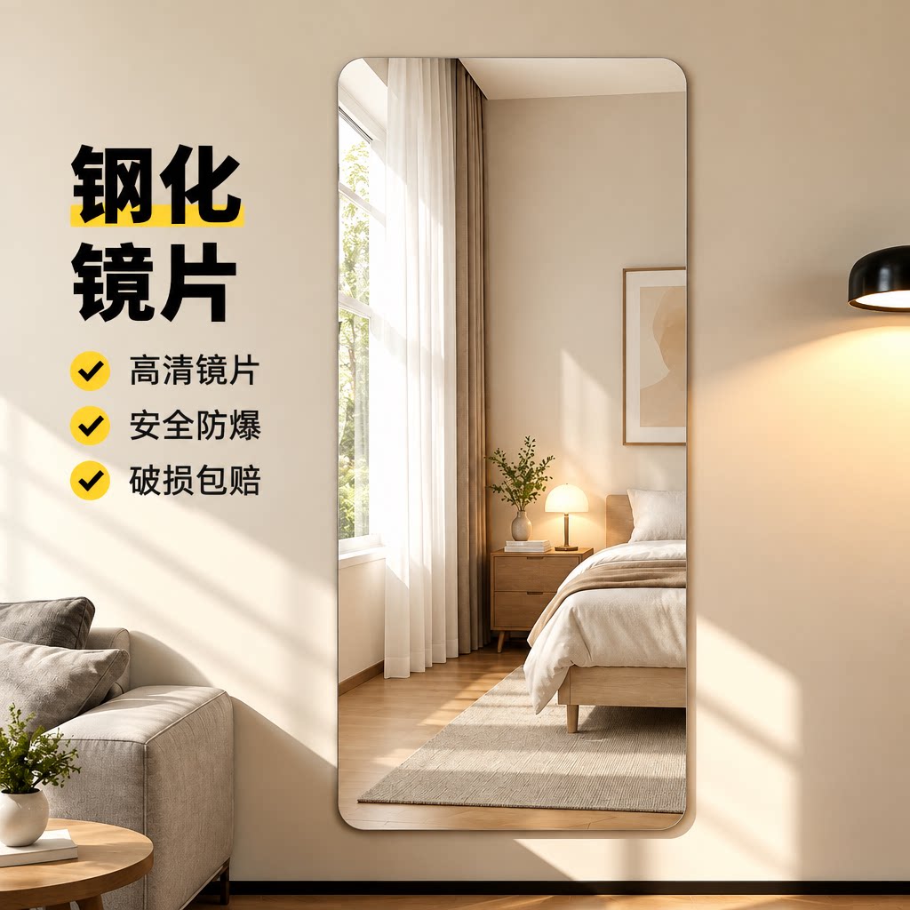 钢化玻璃镜子贴墙自粘家用全身镜玄关挂墙无框穿衣镜壁挂式试衣镜