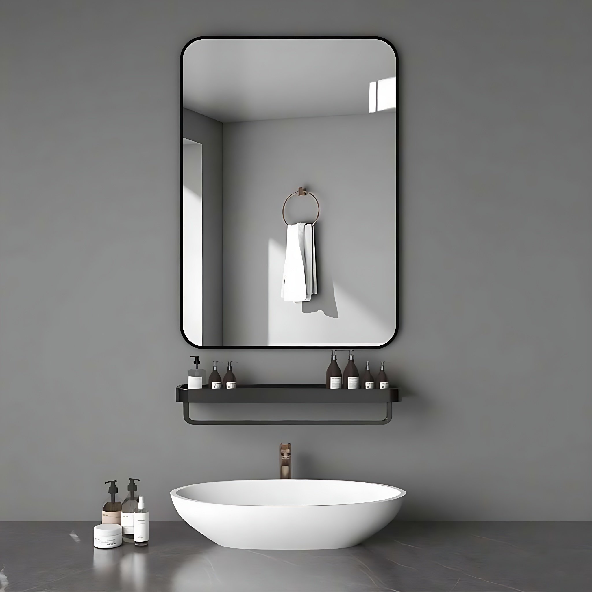 浴室镜卫生间洗手台镜子带置物架