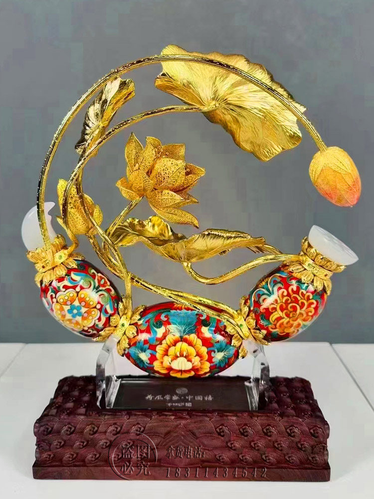 钟连盛作品景泰蓝花瓶铜胎掐丝珐琅荷风常盛中国禧客厅摆件收藏品