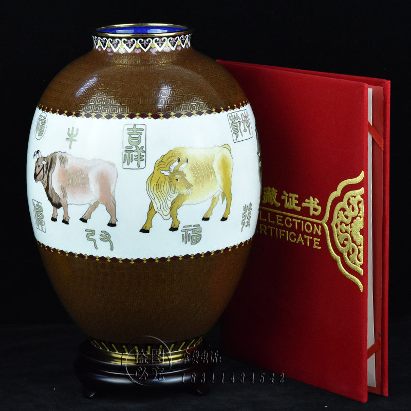 张向东带证书景泰蓝花瓶12寸五牛图十二生肖牛摆件生日贺寿礼品