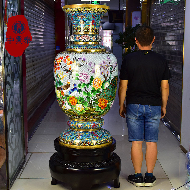 北京景泰蓝大花瓶50寸《孔雀牡丹》180公分别墅公司大堂落地摆件
