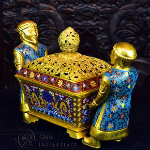 北京珐琅掐丝景泰蓝大香炉双人提方形熏香炉异形胎铜摆件古玩收藏