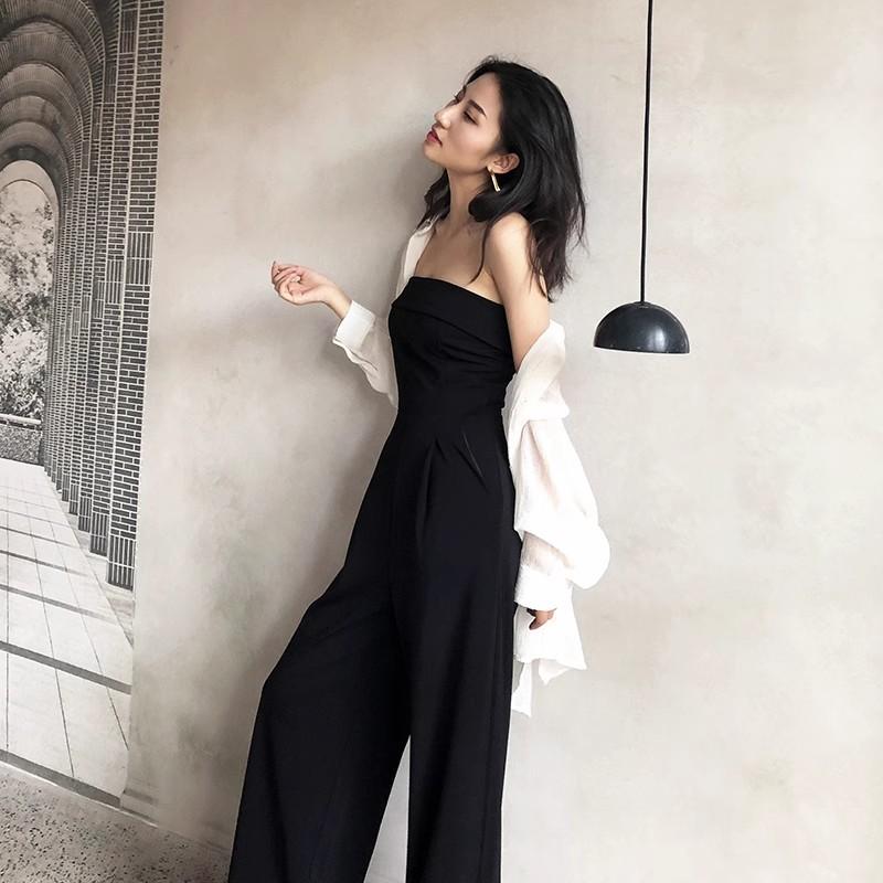 抹胸连体裤女2025夏一字肩chic显瘦高腰性感气质黑色时尚阔腿裤薄