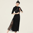 旗袍舞蹈服女古典丝绒黑色珍珠开叉蕾丝民国风改良舞蹈旗袍表演服