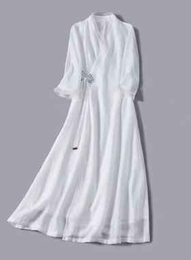 禅意女装中国风茶服改良汉服清冷仙气古风舞蹈白色新中式连衣裙女
