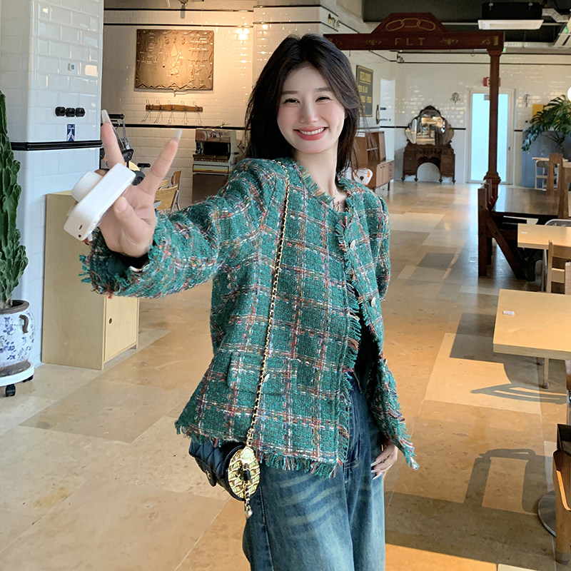 绿色格纹粗花呢小香风外套女秋季2025新款韩版气质显瘦显高短上衣,女装短外套,2C066