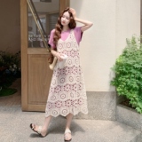 多巴胺绝美粉色连衣裙女2025夏季减龄叠穿蕾丝镂空吊带长裙两件套，女装套装/套裙，2C066