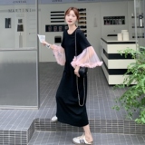 气质复古淡人时髦撞色网纱拼接连衣裙女2025夏季黑色高级感连衣裙，女装连衣裙，2C066
