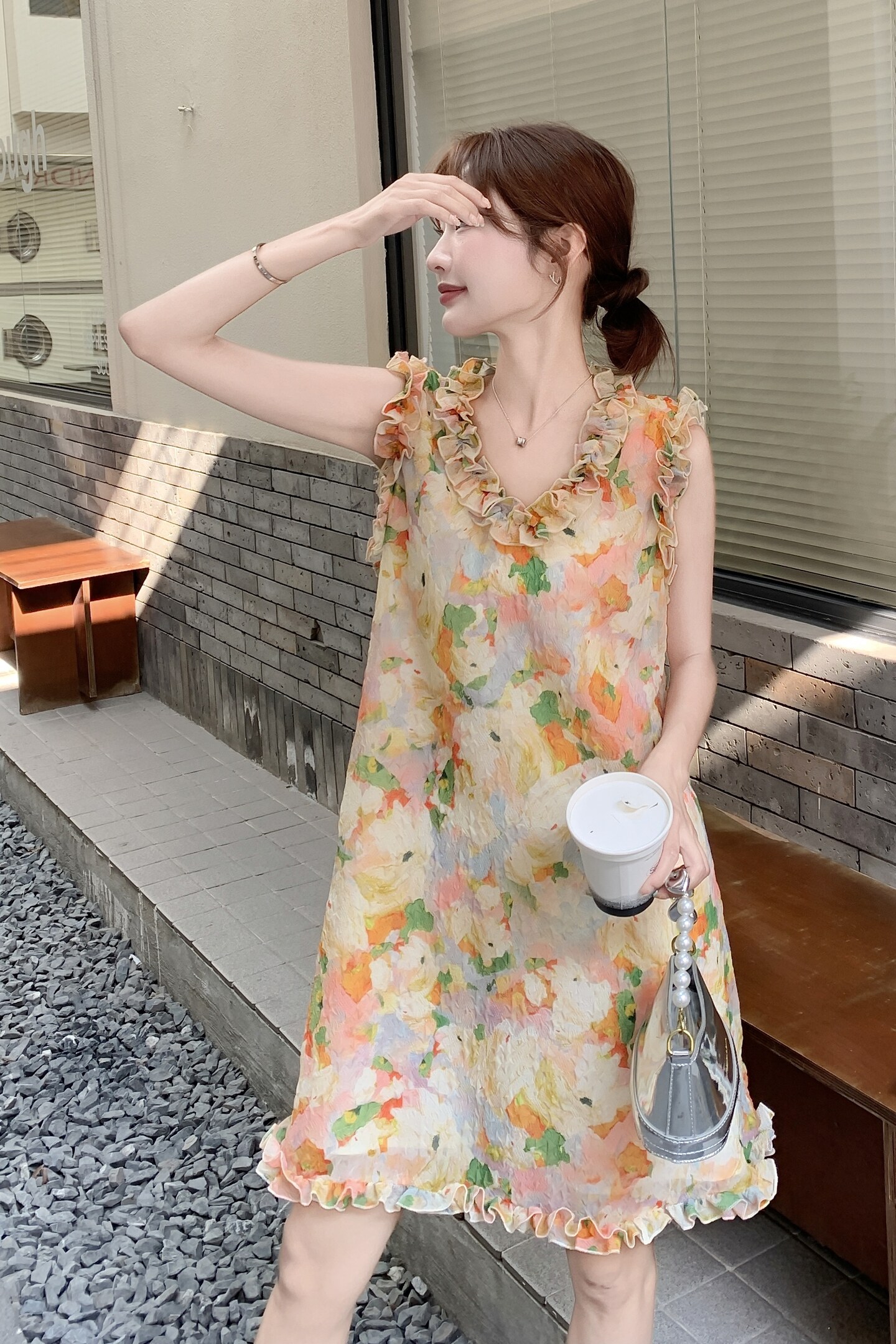 木耳边碎花无袖连衣裙女夏2025新款小个子甜美风度假小个子爆款,女装连衣裙,2C066