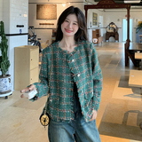 绿色格纹粗花呢小香风外套女秋季2025新款韩版气质显瘦显高短上衣，女装短外套，2C066