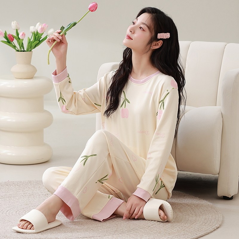 春秋季纯棉薄款可外穿长袖睡衣女