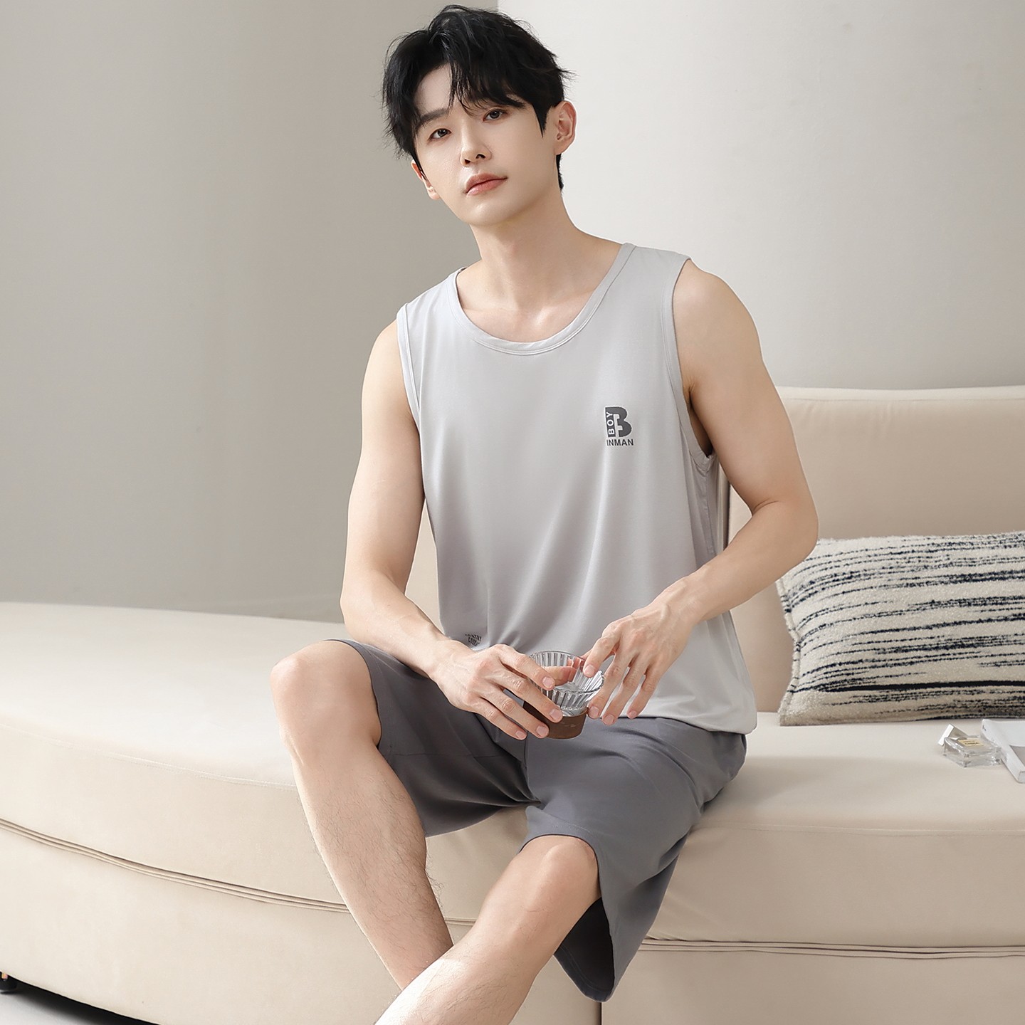 睡衣男夏季纯棉背心无袖短裤男士套装薄款外穿青中少年宽松家居服