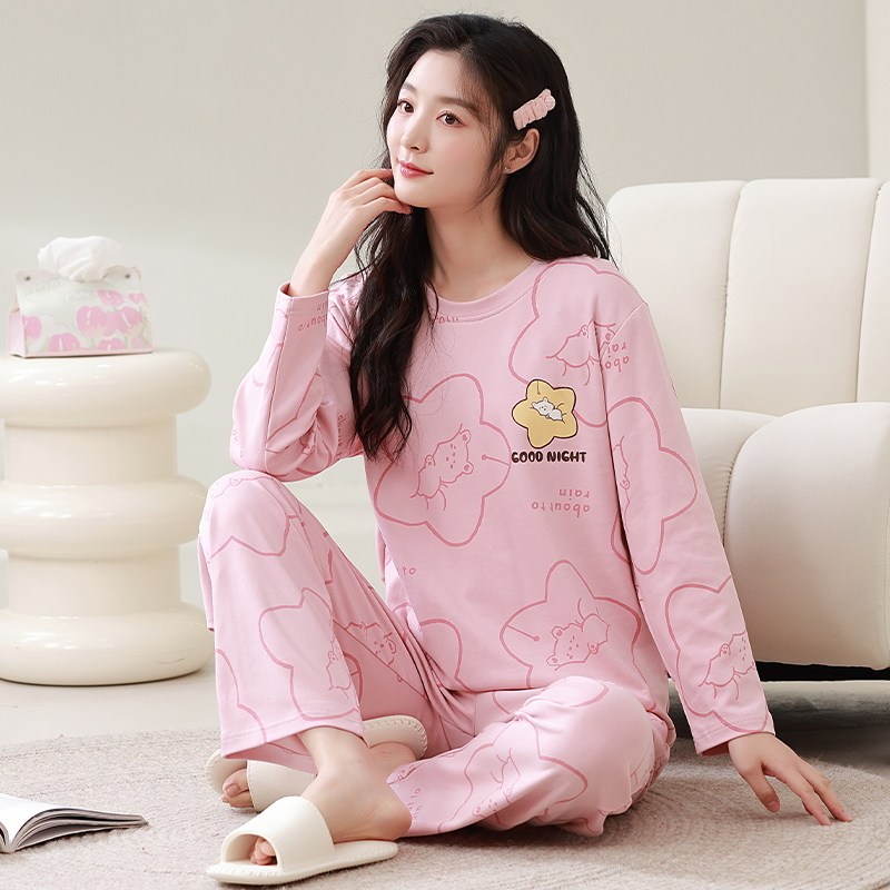 春秋季纯棉薄款可外穿长袖睡衣女