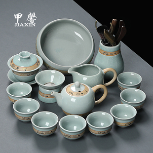 家用泡茶神器高档整F套陶瓷功夫茶杯泡茶壶全套 哥窑文竹茶具套装