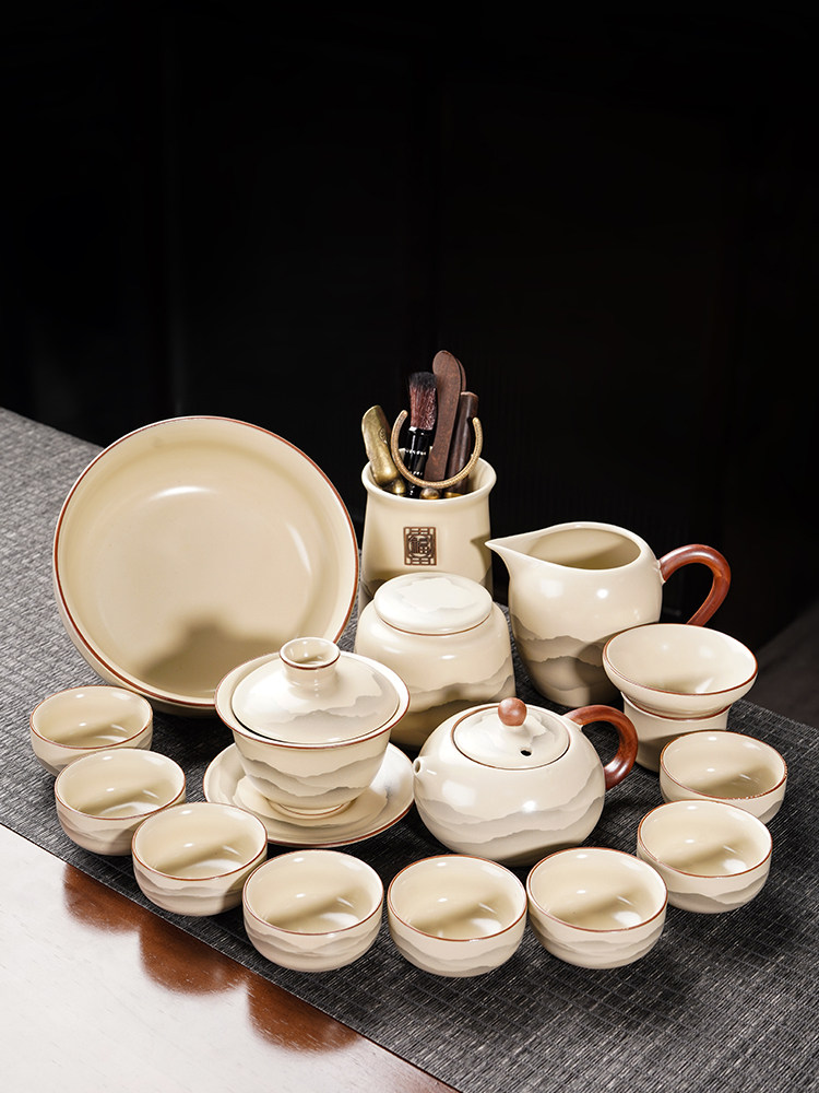 米色汝窑功夫茶具水墨画西施壶盖碗泡茶套装办公室喝茶杯茶盘整套