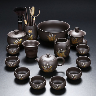 紫砂幽谷兰香功夫茶具荷欢壶茶杯茶托盘整套泡茶器办公室会客喝茶