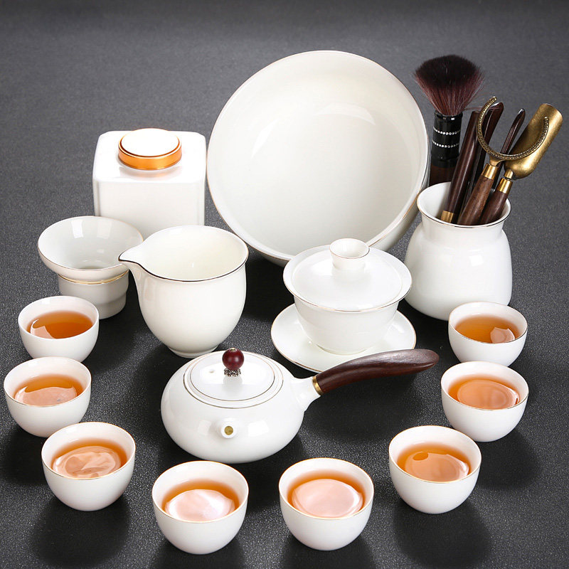羊脂玉功夫茶具套装陶瓷描金泡茶壶办公室用高档白瓷盖碗茶杯整套