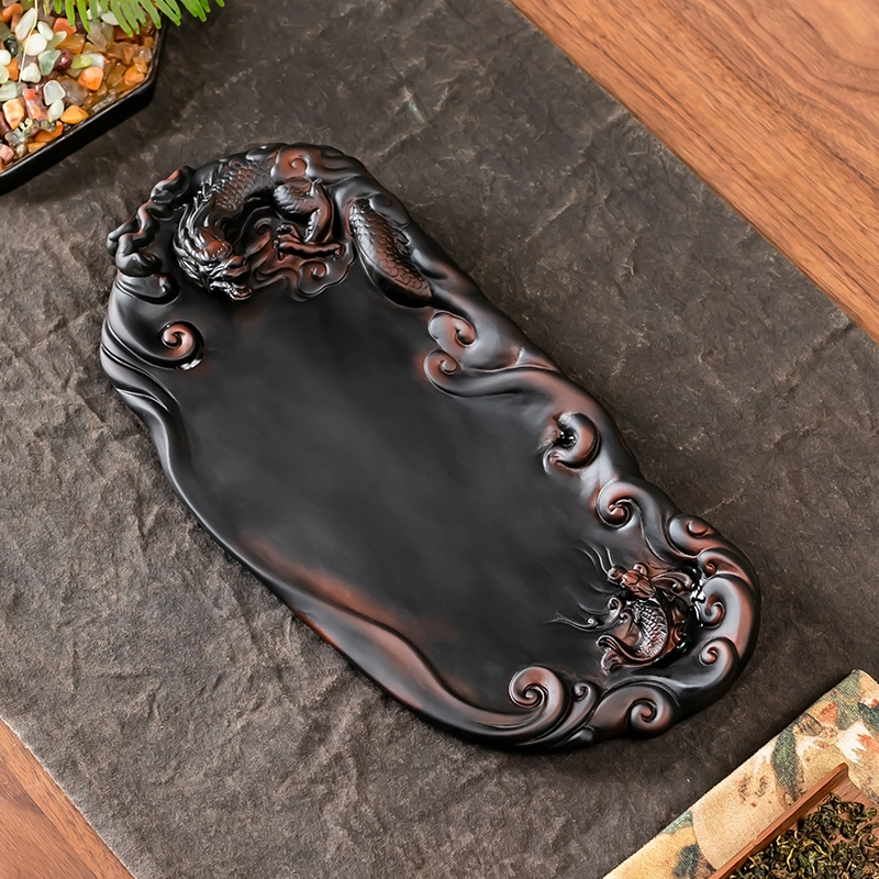 紫陶浮雕功夫茶盘家用办公轻奢小型茶具托盘沥水茶台干泡盘小茶海