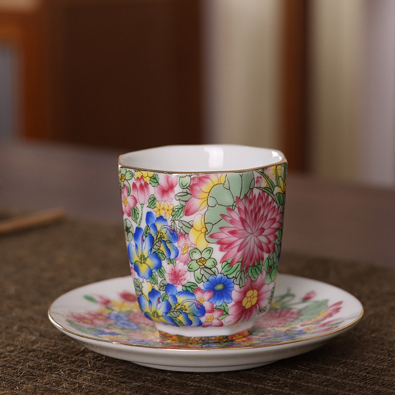 珐琅彩万花主人杯八方品茗杯一杯一垫家用手工描金陶瓷功夫茶水杯
