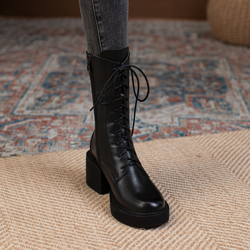 厚底真皮增高马丁靴中筒靴女