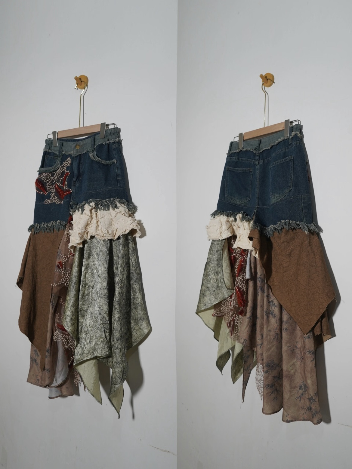 古着vintage复古牛仔不规则刺绣毛呢网纱裙麻丝连衣裙抹胸半身裙