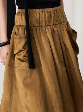 PIECE MIND 新款2025春夏女士拼接腰抽褶设计中长款半裙