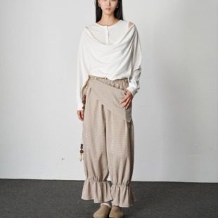 PIECE MIND立体泡泡纱咖色格纹抽褶脚口休闲长裤