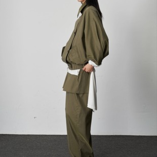 天丝亚麻蝙蝠袖宽松翻领风衣外套套装