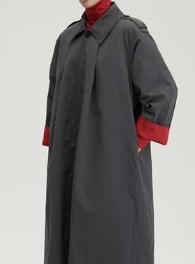 PIECE MIND秋冬袖口撞色设计宽松长款风衣外套