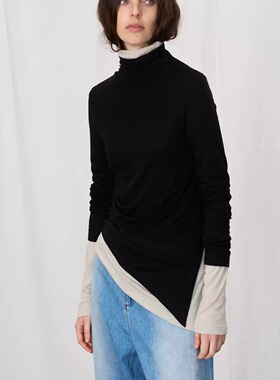 PIECE MIND秋冬小高领不对称下摆针织长袖打底衫