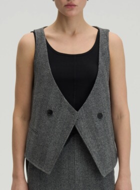 PIECE MIND秋冬黑色条纹大V腰部领系带马甲