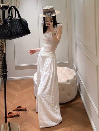 夏季新品 D韩系简约百搭肌理感舒适后松紧腰显瘦凉凉裤阔腿休闲裤