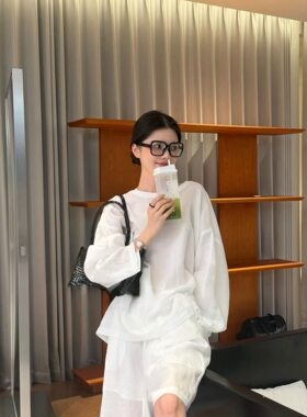 D韩系松弛慵懒极简老钱风百搭显瘦休闲圆领长袖五分裤套装