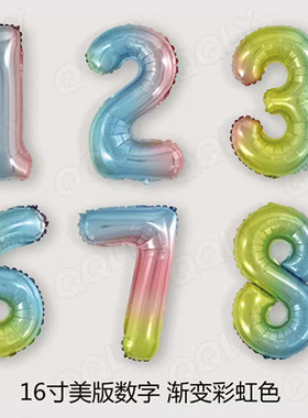 16寸瘦版仿美数字渐变彩虹色儿童生日百日宴小清新风格铝箔气球