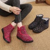 妈妈鞋 女士加绒保暖棉鞋 民族风碎花中老年雪地靴 老北京布鞋 秋冬季