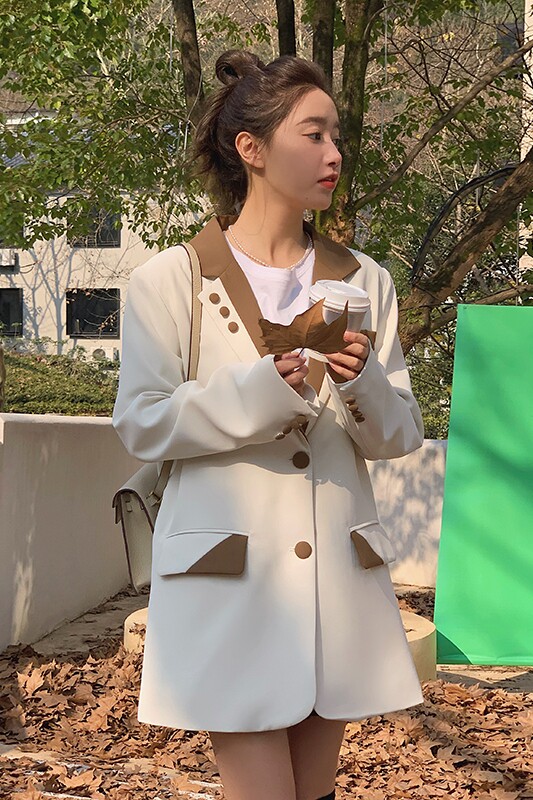 2022年秋装新款女上衣韩系休闲高级感气质oversize撞色小西服外套,女装西装,浙宝287
