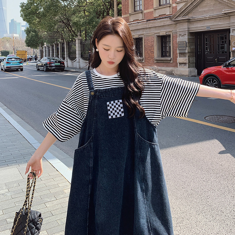 韩版减龄灯笼牛仔背带长裙套装女2025夏季新款显瘦条纹T恤两件套,女装连衣裙,浙宝287